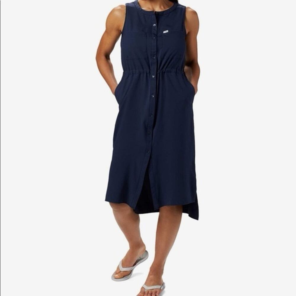 Columbia PFG Tamiami Button Front Cinch Waist Sleeveless Midi Dress Navy Blue Sm